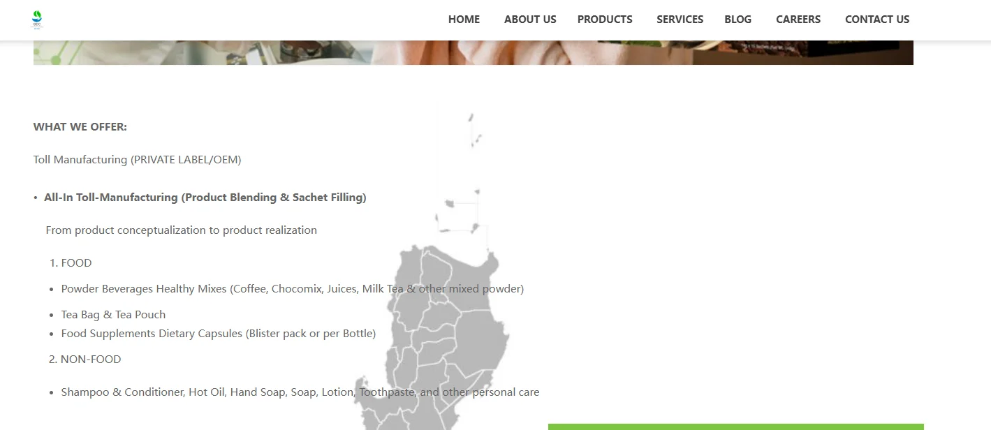 Webpage detailing toll manufacturing services including product blending and sachet filling with a focus on food and non-food items.